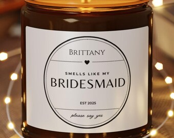 "Personalisierte ""Riecht nach meiner Brautjungfer"", Sojakerze, Brautjungfer Geschenk, Bernsteinglas, Kerze in mehreren Größen, Hochzeitsbevorzugung, Brautpartykerze."