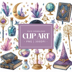 Objets magiques aquarelle clipart | Cristaux fantastiques, potions, lunes et étoiles PNG | Autocollants de planificateur esthétiques de sorcière - Fichier numérique
