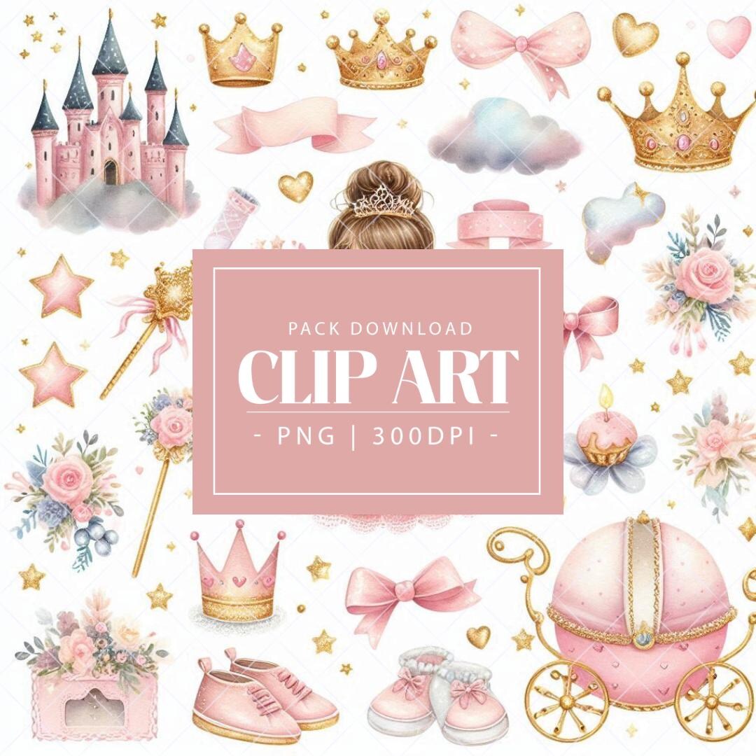 Princess Baby Shower Watercolor Clipart Set – PNG Elements – Tiaras ...