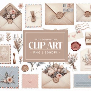 Clipart di buste e affrancature ad acquerello | Timbri dipinti a mano, sigilli di ceralacca e bigliettini d'amore PNG | Articoli di cancelleria, inviti e set di lettere romantici