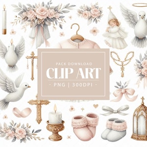 Taufe / Taufe für Baby Mädchen – Aquarell Clipart Set – Hochauflösende PNGs – Engelhafte Babykleidung, Blumenkreuze, Tauben & Rosenkränze