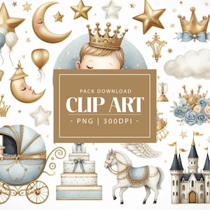 Ensemble d'images clipart aquarelle Petit Prince – Éléments PNG – Prince, couronne, carrosse, décoration de chambre d'enfant, invitations, décoration de baby shower