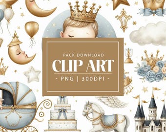 Könnte beinhalten: Ein Set mit Aquarell-Illustrationen zum Thema Babyprinz. Die Illustrationen beinhalten ein Baby mit Krone, eine Kutsche, ein Pferd, ein Schloss, Sterne, Monde und andere königliche Elemente. Die Illustrationen sind perfekt zum Erstellen von Einladungen, Karten und anderen Bastelarbeiten.