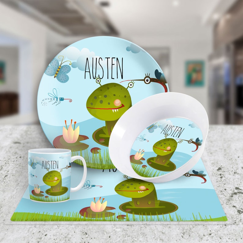Frog Plate Set Birthday Gift Personalized Kids Plate Plate Bowl /& Mug Set Boys Personalized Placemat Custom Kids Dishes Childs Plate