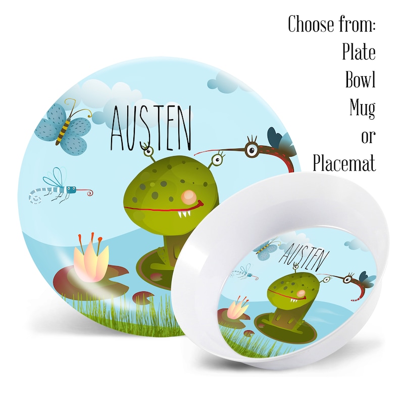 Frog Plate Set Birthday Gift Personalized Kids Plate Plate Bowl /& Mug Set Boys Personalized Placemat Custom Kids Dishes Childs Plate