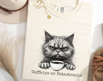 May include: Cream-colored t-shirt featuring a grumpy cat graphic holding a coffee cup, with the text "Caffeine or Catastrophe" below. The shirt is folded and displayed with a hat, necklace, and sandals.