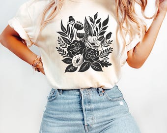 Comfort Colors 花柄Tシャツ：リノカット風ボヘミアンTシャツ