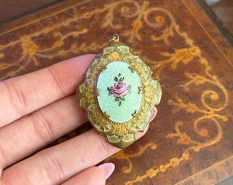 French Guilloche Enamel Secret Locket Pendant Gold & Hand Painted Rose