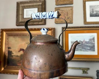 Vintage Copper Tea Kettle w White and Blue Porcelain Handle