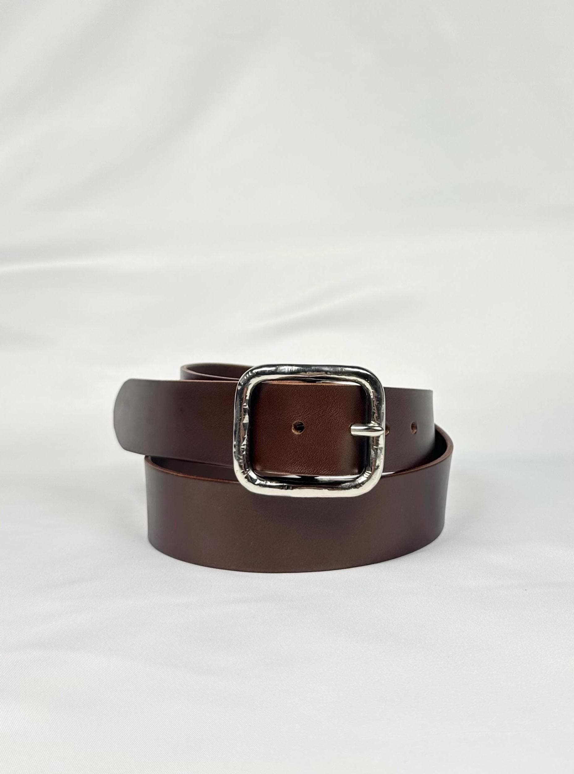Handmade Brown Leather Belt - Silver Square Buckle, Full  display picture 1