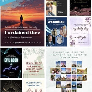 Könnte beinhalten: Eine Collage von Bildern mit religiösen Themen. Das zentrale Bild zeigt eine Silhouette auf einer Sanddüne mit Text aus Jeremia 1:4-5. Weitere Bilder enthalten Bibelverse und Illustrationen mit Texten wie "Watchman" und "Jesus Christus".