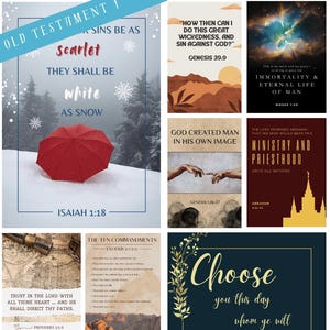 Op de afbeelding: Een verzameling inspirerende kunstafdrukken met religieuze thema's. De afdrukken bevatten bijbelverzen, waaronder Jesaja 1:18, en citaten uit Genesis, Spreuken en Jozua. Het kleurenpalet omvat blauw, wit en aardetinten.