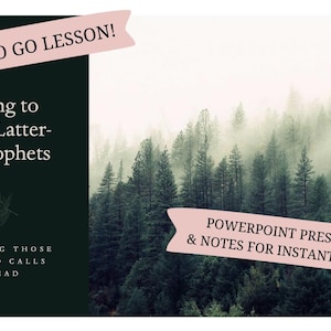 Puede incluir: Presentación digital con el texto "Getting to Know Latter-day Prophets" sobre un fondo verde oscuro. La imagen incluye una escena de bosque y las frases "Ready to Go Lesson!" y "Powerpoint Presentation & Notes for Instant Download."