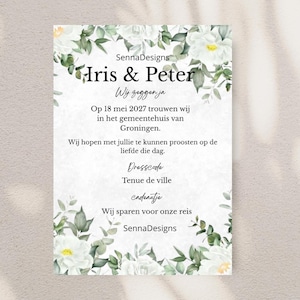 Trouwkaart bladeren witte bloemen