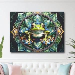 Mandala Frog Matte Canvas Wood Framed Pirnt, Watercolor Boho Frog Wall Decor, Frog Animal Art Canvas, Bohemian Wall Art, Frog Lovers Gift