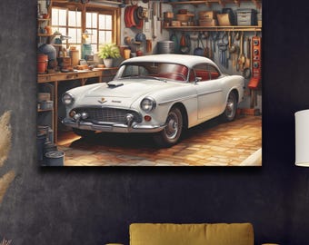 Vintage Auto Garage Matte Canvas Print Stretched On Pine Frame Retro Car Wall Art Decor Vintage Classic Car Lovers Gift