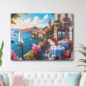 Al Fresco Cafe Matte Canvas Wood Framed Print, Tropical Brunch Decor, Colorful Mediterranean Coast Wall Art, Waterfront Wall Decor