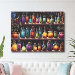 May include: A canvas print featuring a collection of colorful potion bottles on wooden shelves. The bottles are filled with vibrant liquids and floral arrangements, with cork stoppers. The background is dark with a starry effect, creating a magical aesthetic.