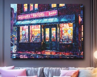May include: A canvas print of a record shop at night. The shop has a neon sign that reads "WECCORE RECORD SHOP". The storefront is lit up with warm light, and the street is wet from rain. The building is made of brick.