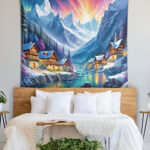 Swiss Mountain Village Wall Tapestry, Snowy Winter Wall Hanging, Nature Mountains Wall Art, Hiking Lovers Gift, Decor, Dorm, Home, Office