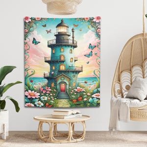 May include: A vibrant, whimsical painting of a turquoise lighthouse with a black top, surrounded by flowers and butterflies. The lighthouse has multiple levels with small windows, a red door, and is set against a pastel sky and ocean.