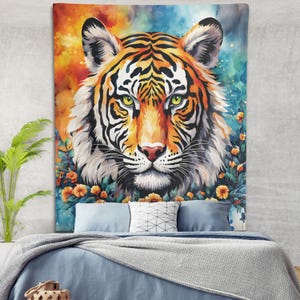 Watercolor Tiger Wall Tapestry, Bohemian Tiger Wall Hanging, Boho Animal Wall Decor, Tiger Lovers Gift, Boho Tiger Art, Dorm, Home, Office