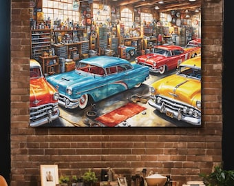 Vintage Mechanic Shop Matte Canvas Print Stretched On Pine Frame Retro Car Wall Art Decor Vintage Classic Car Lovers Gift