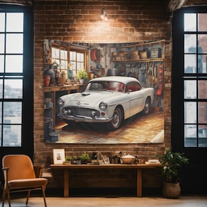 Vintage Auto Garage Wall Tapestry, Retro Car Wall Decor, Vintage Car Lover Wall Hanging, Classic Car Art, Nostalgic Art, Dorm, Home, Office