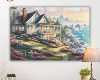 Serene Cottage Matte Canvas Print Stretched On Pine Frame Watercolor Coastal Decor Wall Art Beach Lovers Gift