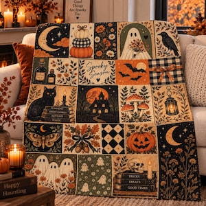 Vintage Halloween Blanket, Spooky Patchwork Sherpa Fleece Throw, Ghost Cat Pumpkin Autumn Decor