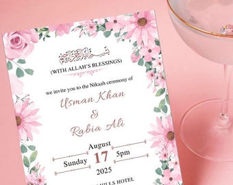Pink Floral Nikkah Invitation Template: Editable Muslim Wedding (Digital Download)