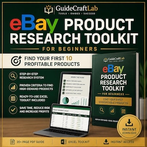 May include: A digital product bundle titled eBay Product Research Toolkit for Beginners, featuring a 35-page PDF guide and an Excel toolkit. The display shows a laptop screen with data tables, a tablet with research steps, and a book cover graphic.