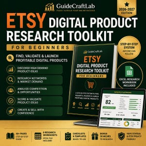 May include: A digital product research toolkit for Etsy sellers, featuring a 2026-2027 edition guide and a research dashboard. The toolkit includes a step-by-step system, Excel worksheets, checklists, templates, and a bonus list of 50 niches to research.