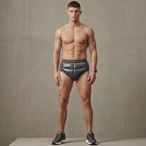 Può includere: Uno slip trapuntato in grigio antracite metallizzato con sgambatura alta e un'ampia fascia elastica scura in vita. Il capo presenta una struttura in tessuto lucido stile piumino con cuciture orizzontali sul pannello frontale.