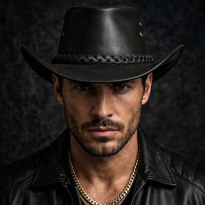 May include: A black leather cowboy hat featuring a braided leather hatband and small metallic eyelets on the sides. The hat has a structured crown and a wide, curved brim, showcasing a smooth, matte finish throughout the entire piece.
