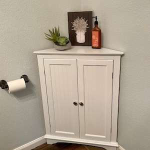May include: A white corner cabinet with two doors and silver knobs. A small succulent plant in a gray pot, a framed floral print, and a brown bottle of soap sit on top. A roll of toilet paper is on a bronze toilet paper holder.
