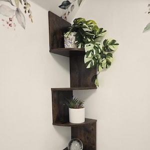May include: A dark brown, corner-mounted wooden shelf unit with three tiers. The shelves hold potted plants, including a variegated Monstera and a small succulent. The unit is against a white wall with floral decals.