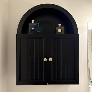 Wood Arched Wall Cabinet | Over Toilet Bathroom Storage, Adjustable Shelf | Small Bath Gift
