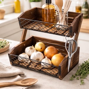 Wooden Fruit Basket 2 Tier – Kitchen Counter Organizer with Wood & Metal Mesh, Rustic Vegetable Holder for Countertop, Bread Storage Stand