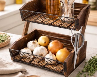Wooden Fruit Basket 2 Tier – Kitchen Counter Organizer with Wood & Metal Mesh, Rustic Vegetable Holder for Countertop, Bread Storage Stand