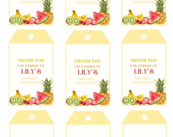 May include: Nine yellow gift tags with the text "THANK YOU FOR COMING TO LILY'S BIRTHDAY CELEBRATION." Each tag features a watercolor illustration of fruit, including kiwi, bananas, strawberries, watermelon, and pineapple.