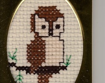 Small Owl Cross Stitch in Goldtone Frame