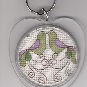 Green and Lavender Lovebirds Cross Stitch Keychain