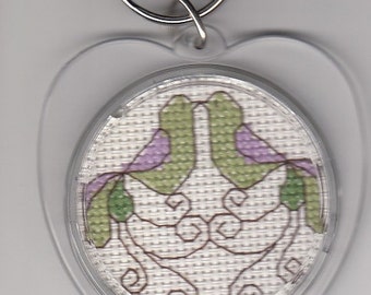 Green and Lavender Lovebirds Cross Stitch Keychain