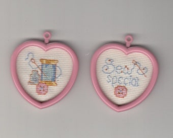 Set of Two Miniature Heart Shaped Sew Special Cross Stitch Ornaments