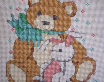 Cross Stitch Picture of Teddy Bear and Stuffed Bunny