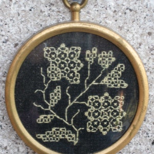 Yellow Blackwork Flower Ornament in Goldtone Frame