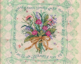 Cross Stitched Flower Bouquet on Green and Cream Background