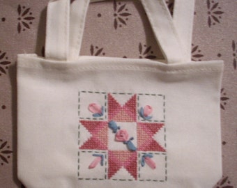 Mini Tote with Star Quilt Block and Ribbon Roses