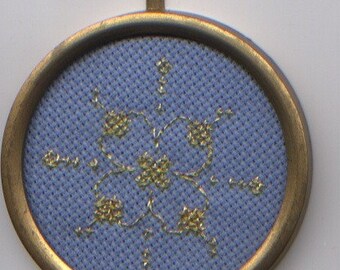 Blue and Gold Cross-Stitch Dogwood Blossom Ornament